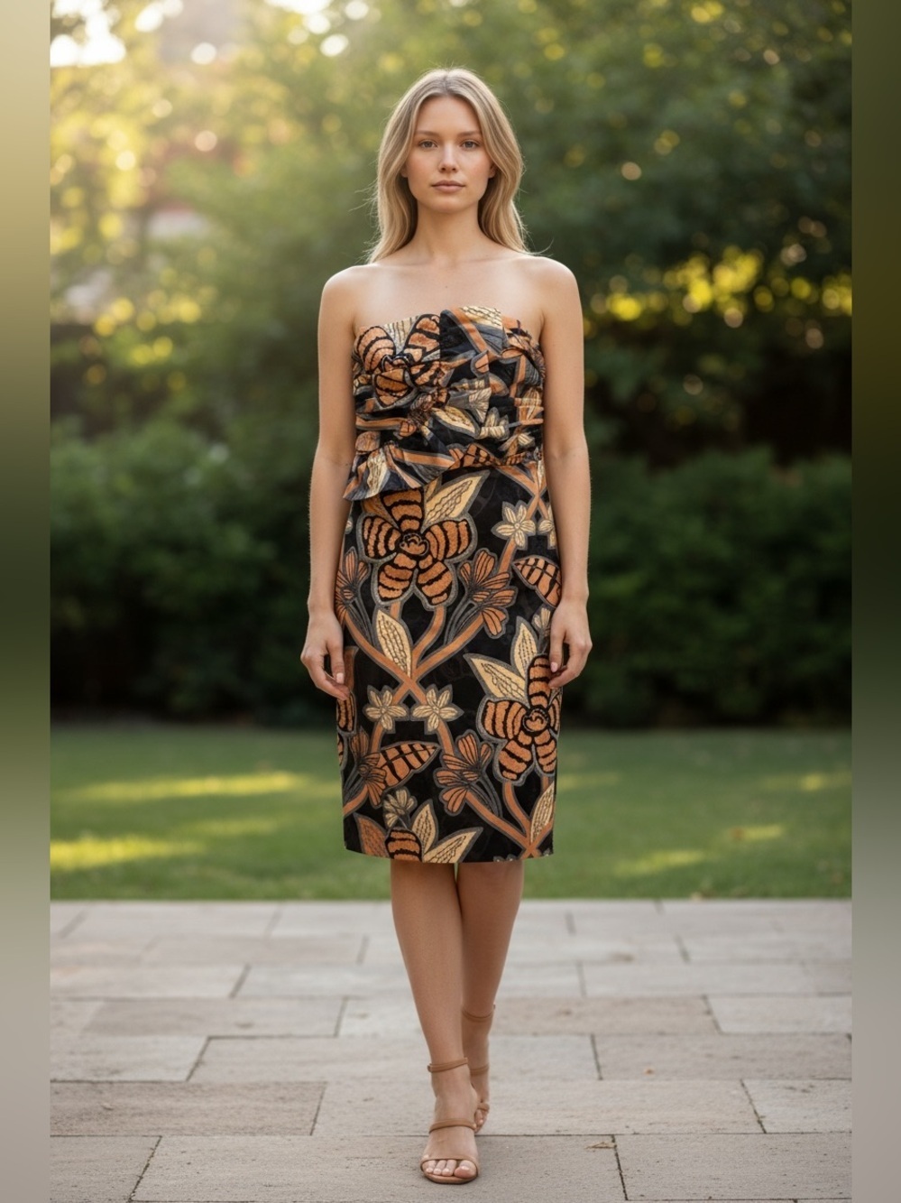 White House Black Market Strapless Black Dress with Tan & Cream Floral Print sz8